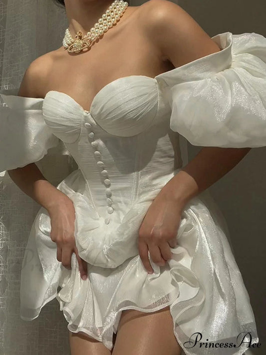 White Summer Dress with Puff Sleeves S / Black