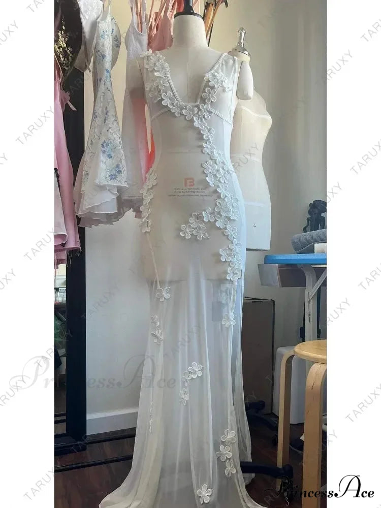 White Summer Lace Chiffon Wedding Party Night Vestidos Cover-up Floral Dress