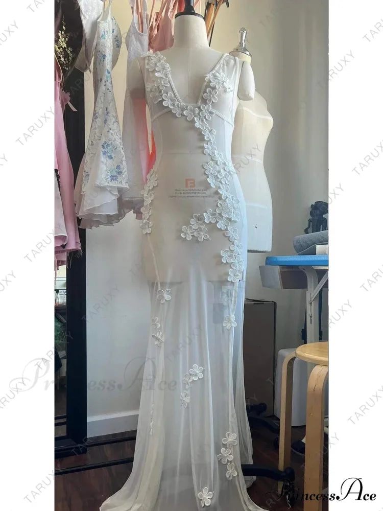 White Summer Lace Chiffon Wedding Party Night Vestidos Cover-up Floral Dress WHITE / S