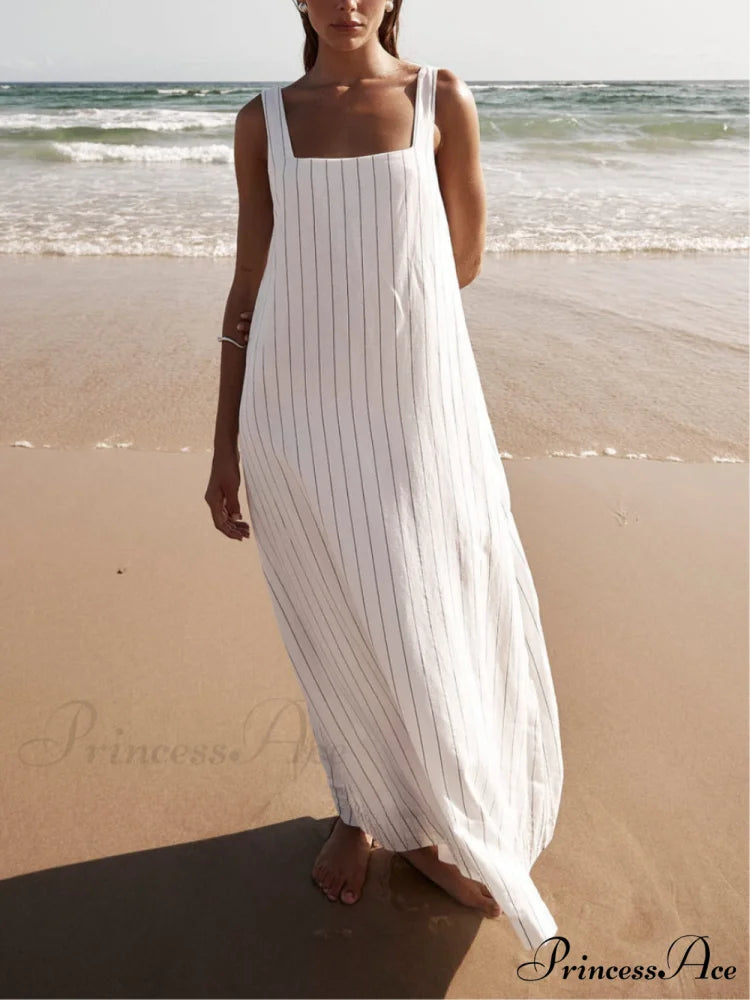 White With Charcoal Charming Pinstripe Maxi Dress White / L