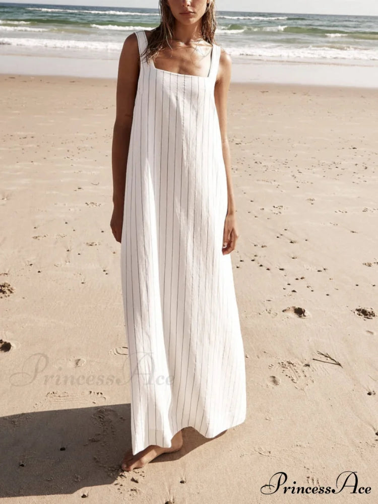 White With Charcoal Charming Pinstripe Maxi Dress White / S