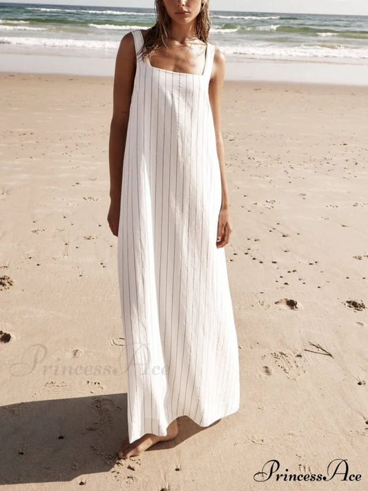 White With Charcoal Charming Pinstripe Maxi Dress White / S