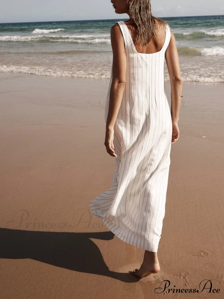 White With Charcoal Charming Pinstripe Maxi Dress White / XL