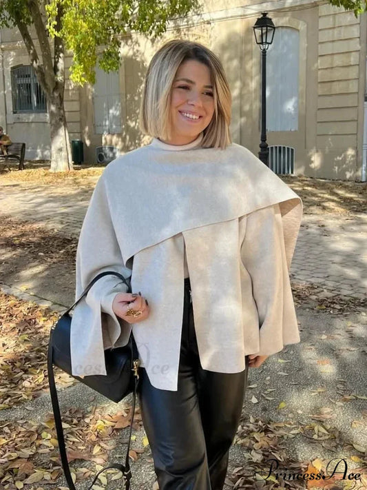 White Woolen Overcoat with Scarf Collar beige / S coats-241228