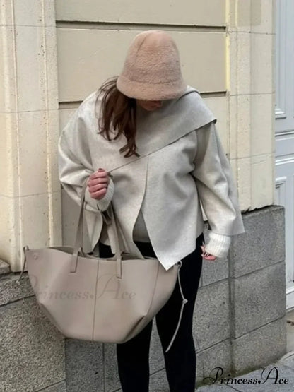 White Woolen Overcoat with Scarf Collar coats-241228