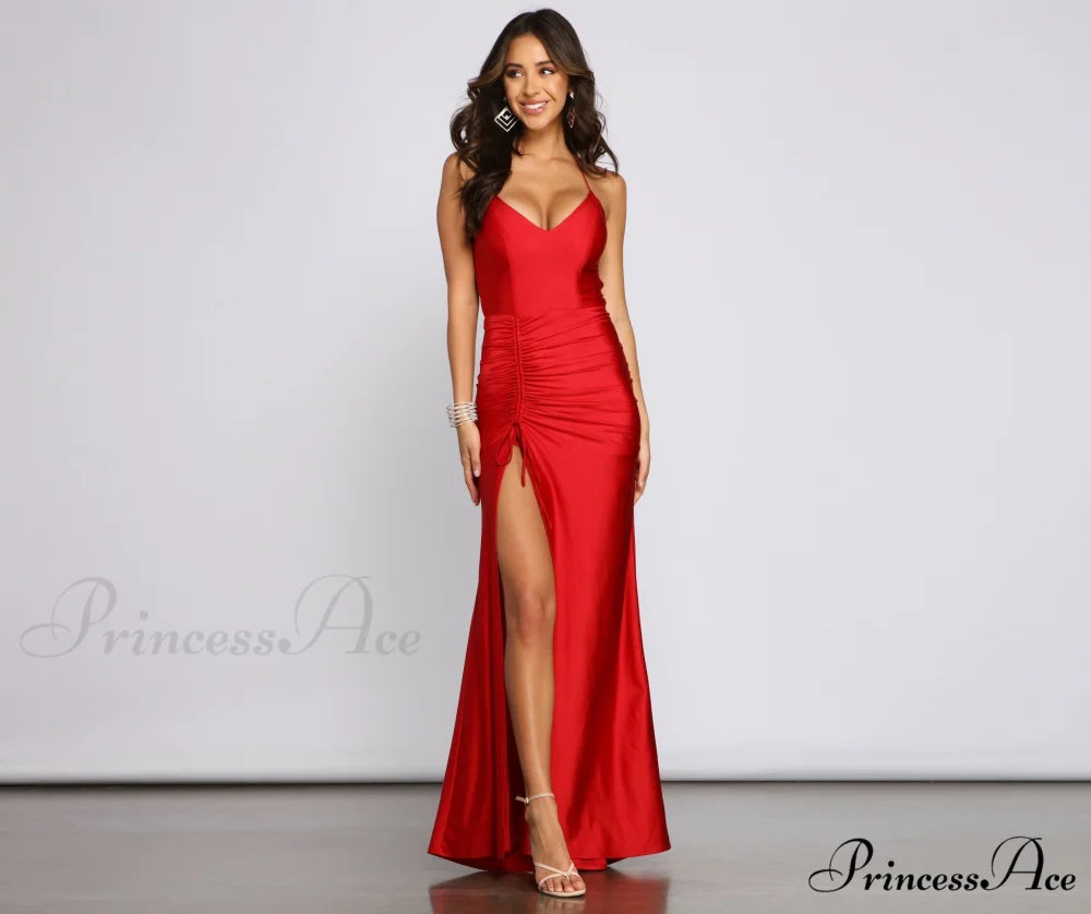 Whitney Formal Stylish High-Slit Mermaid Dress RED / XS