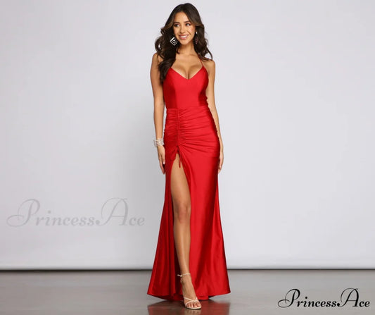 Whitney Formal Stylish High-Slit Mermaid Dress RED / XS
