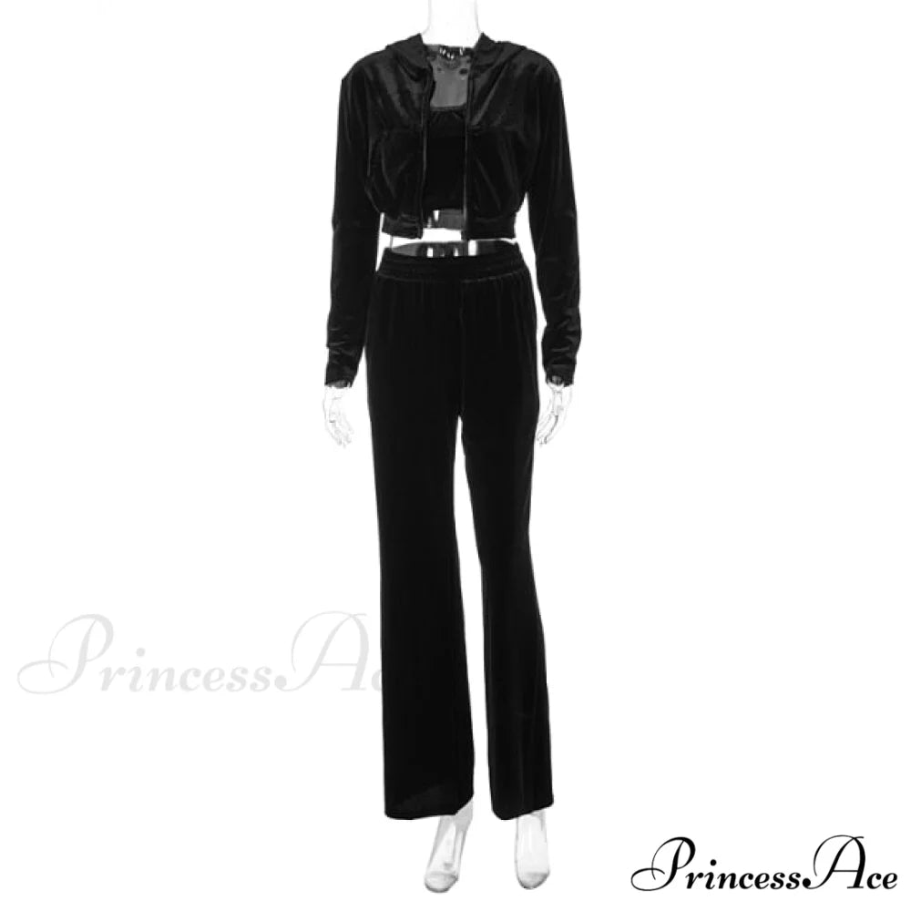 Wide 3 Pants Set High Waist Hoodie Casual Top Sweatshirt Crop Zipper Piece Tracksuit Leg Women Velvet Outfit Black / S