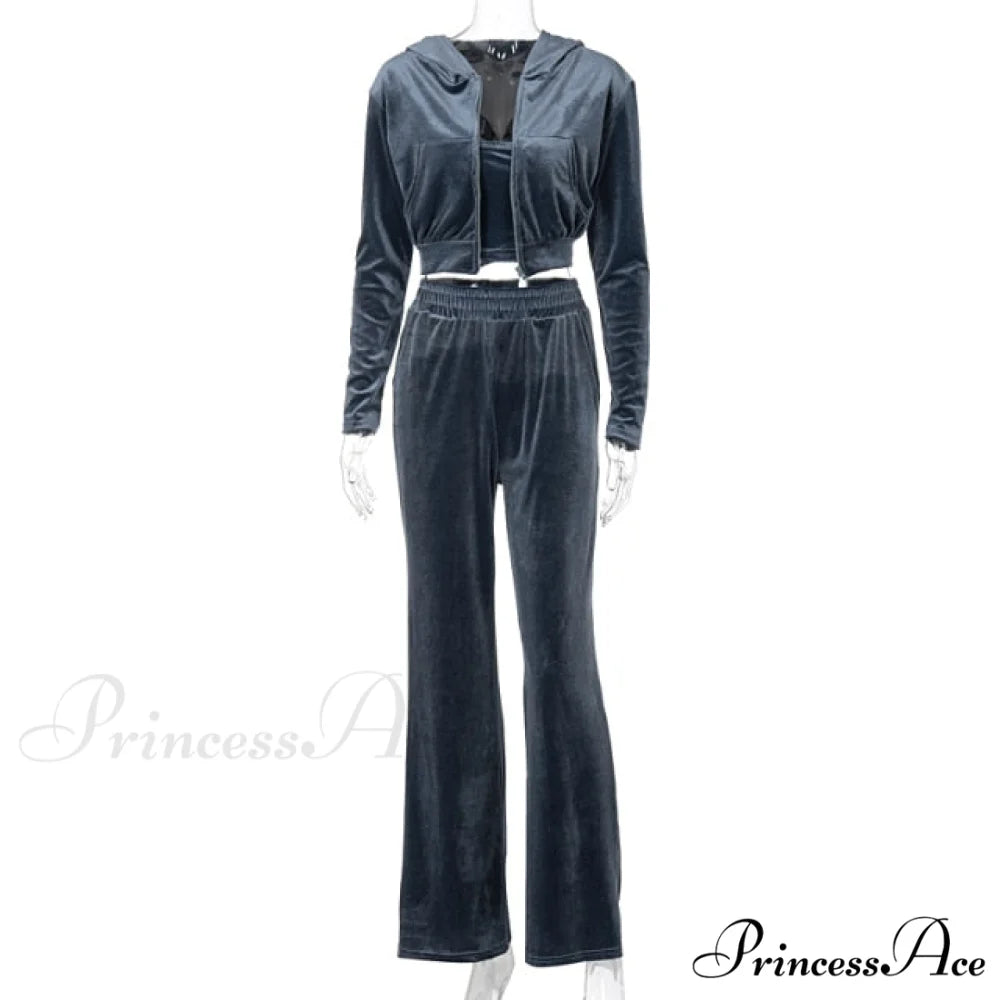 Wide 3 Pants Set High Waist Hoodie Casual Top Sweatshirt Crop Zipper Piece Tracksuit Leg Women Velvet Outfit Blue / S