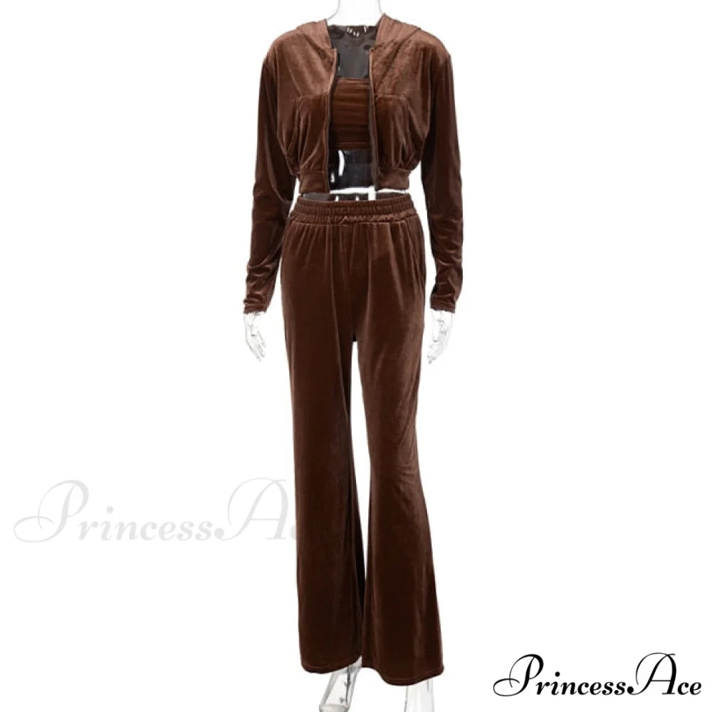 Wide 3 Pants Set High Waist Hoodie Casual Top Sweatshirt Crop Zipper Piece Tracksuit Leg Women Velvet Outfit Brown / S