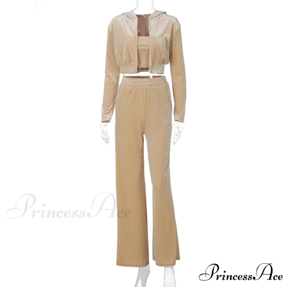 Wide 3 Pants Set High Waist Hoodie Casual Top Sweatshirt Crop Zipper Piece Tracksuit Leg Women Velvet Outfit Champagne