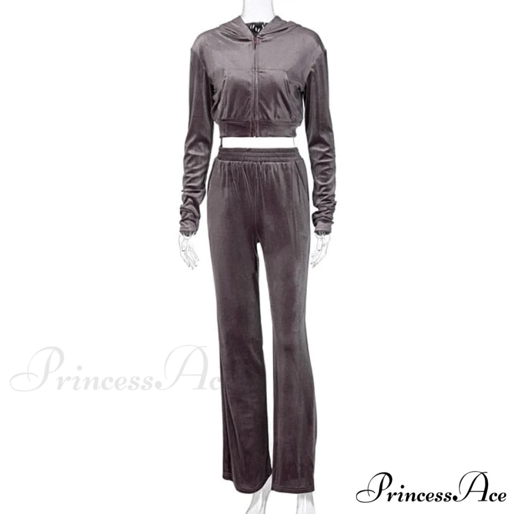 Wide 3 Pants Set High Waist Hoodie Casual Top Sweatshirt Crop Zipper Piece Tracksuit Leg Women Velvet Outfit Coffee / S