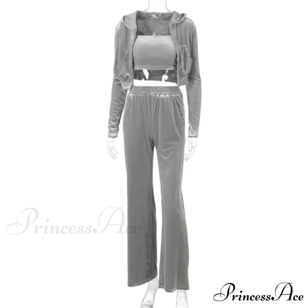 Wide 3 Pants Set High Waist Hoodie Casual Top Sweatshirt Crop Zipper Piece Tracksuit Leg Women Velvet Outfit Gray / S