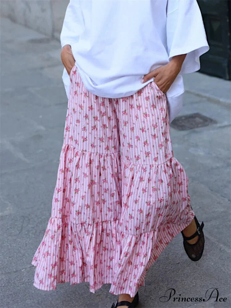 Wide Banded Patterned Stretchy High Rise Trouser PINK / S pant-250223