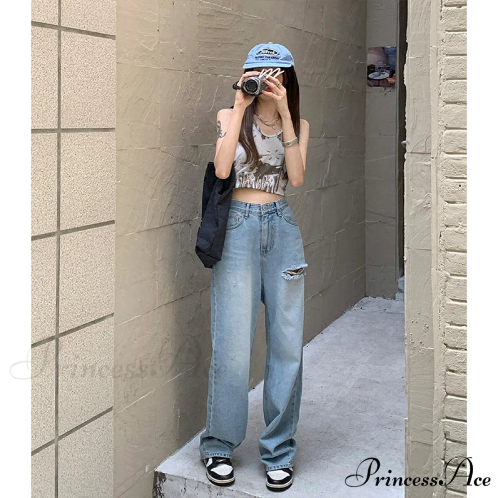 Wide Leg Blue Ripped Straight Jeans