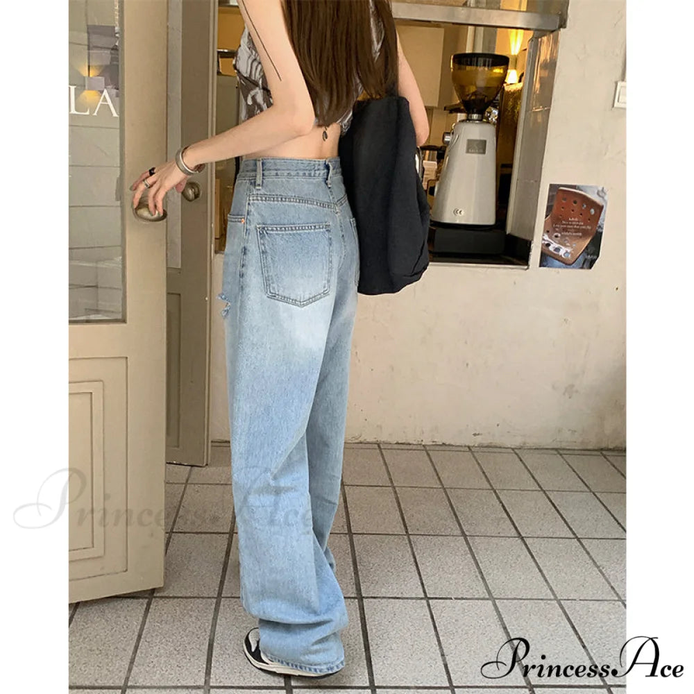 Wide Leg Blue Ripped Straight Jeans