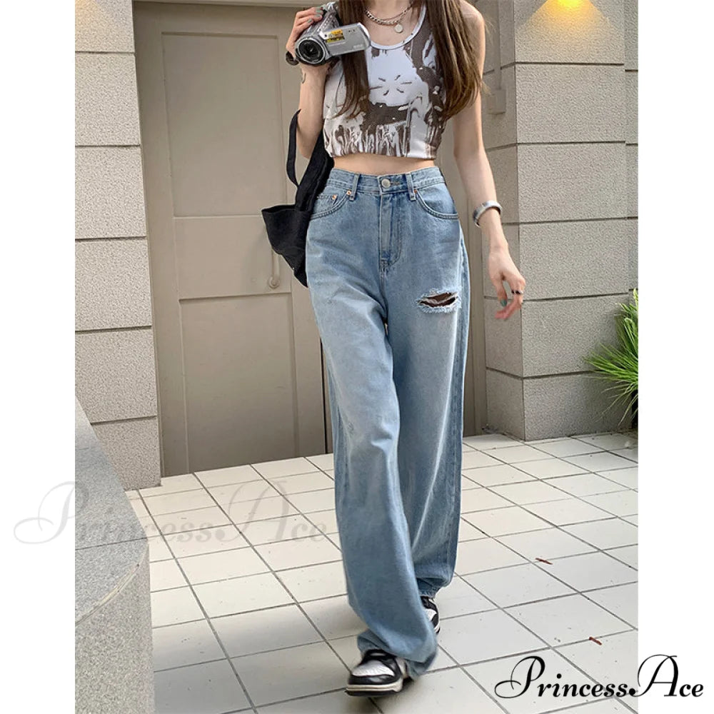 Wide Leg Blue Ripped Straight Jeans