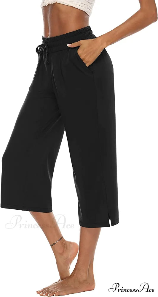 Wide Leg Crop Pants Comfy Drawstring Lounge Pajama Yoga Capris 01-black / Large