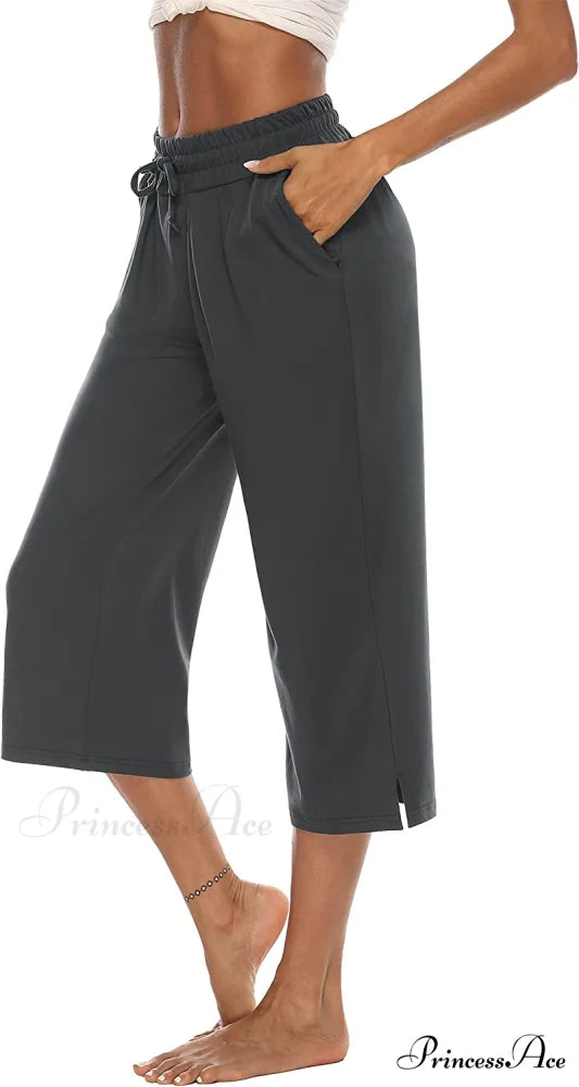 Wide Leg Crop Pants Comfy Drawstring Lounge Pajama Yoga Capris 02-darkgray / Large