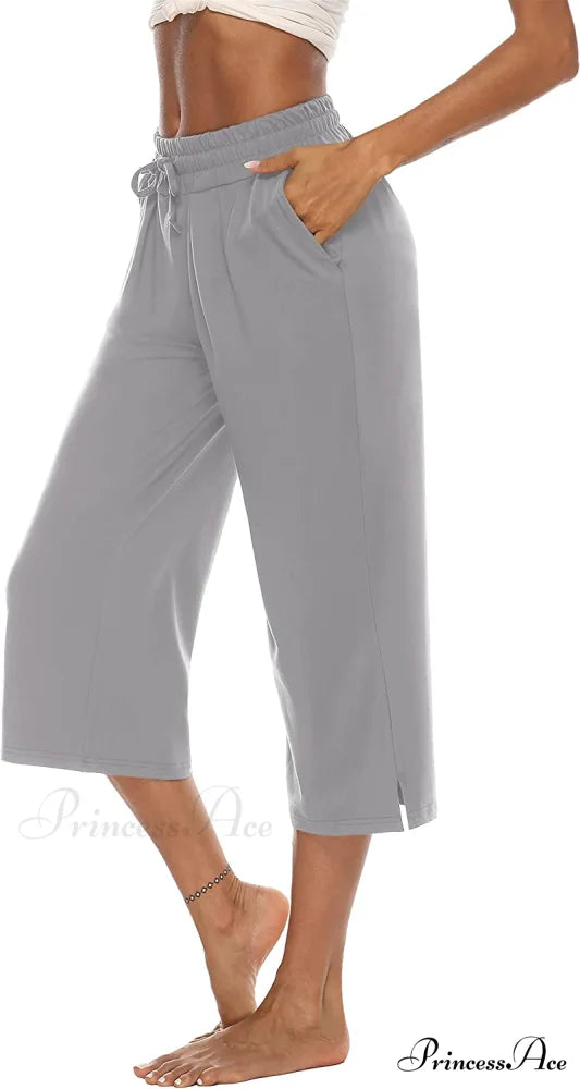 Wide Leg Crop Pants Comfy Drawstring Lounge Pajama Yoga Capris 03-lightgray / Large