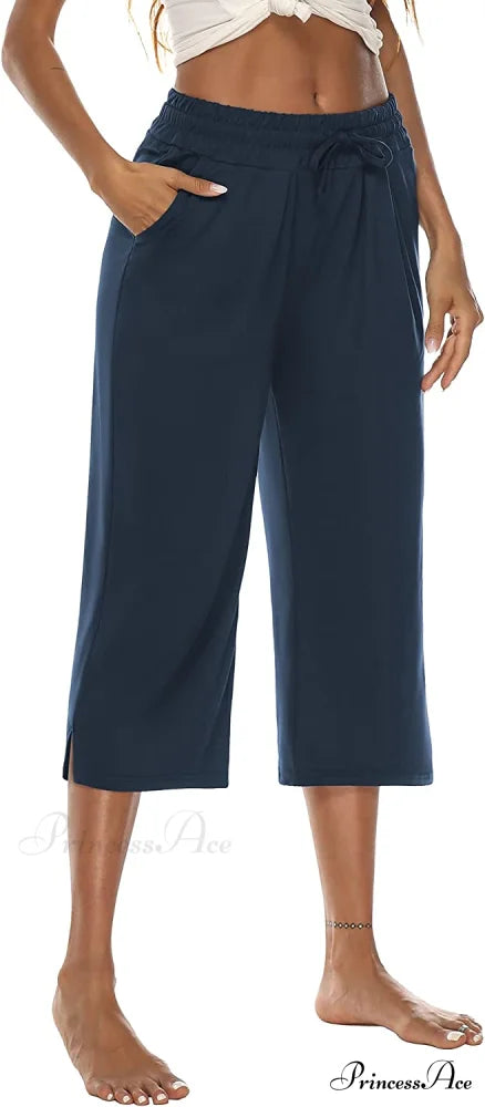 Wide Leg Crop Pants Comfy Drawstring Lounge Pajama Yoga Capris 04-navy / Large