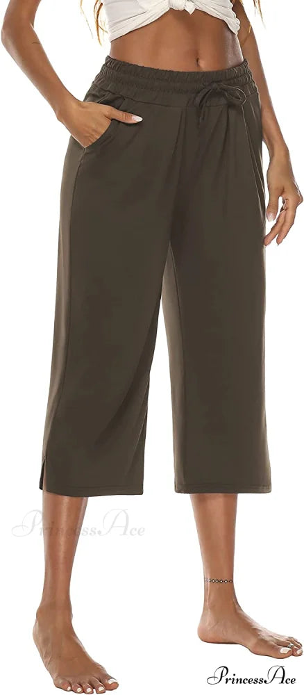 Wide Leg Crop Pants Comfy Drawstring Lounge Pajama Yoga Capris 05-brown / Large