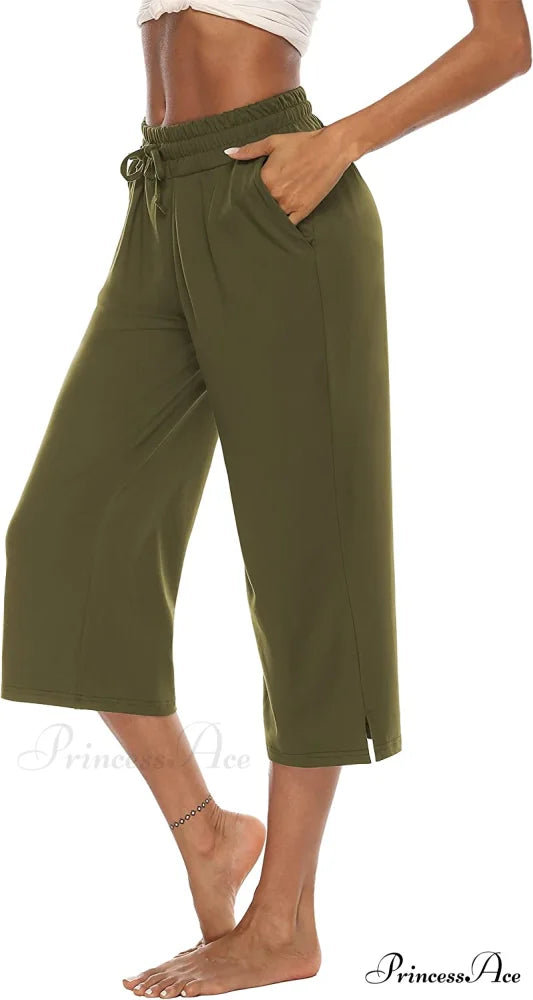 Wide Leg Crop Pants Comfy Drawstring Lounge Pajama Yoga Capris 06-army Green / Large