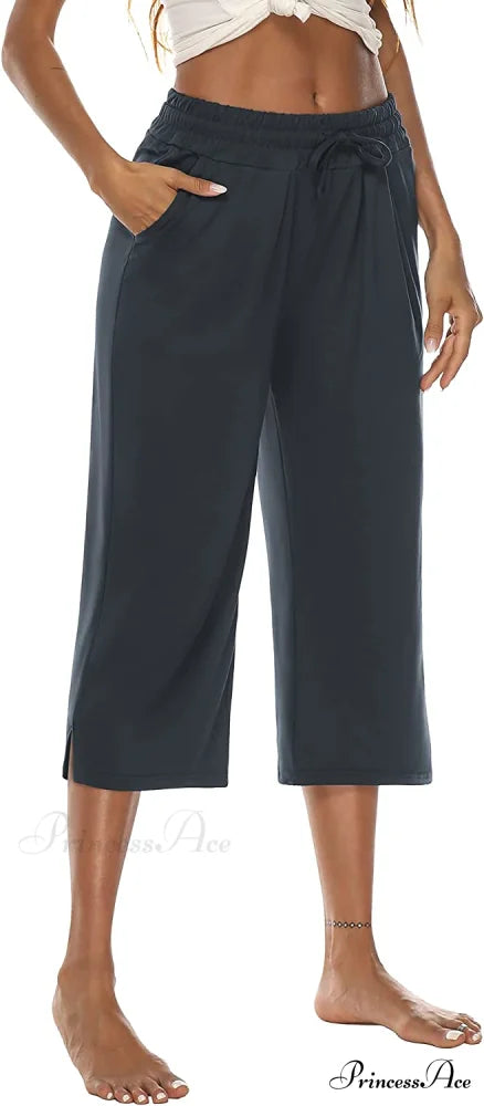 Wide Leg Crop Pants Comfy Drawstring Lounge Pajama Yoga Capris 07-concrete Gray / Large