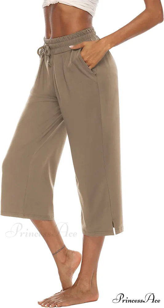Wide Leg Crop Pants Comfy Drawstring Lounge Pajama Yoga Capris 08-khaki / Large