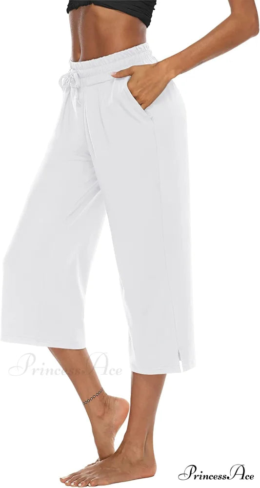 Wide Leg Crop Pants Comfy Drawstring Lounge Pajama Yoga Capris 09-white / Large