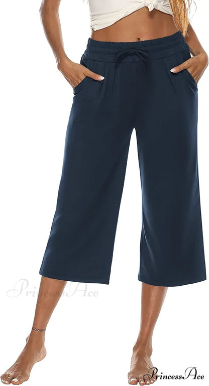 Wide Leg Crop Pants Comfy Drawstring Lounge Pajama Yoga Capris