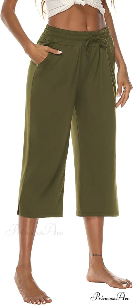 Wide Leg Crop Pants Comfy Drawstring Lounge Pajama Yoga Capris