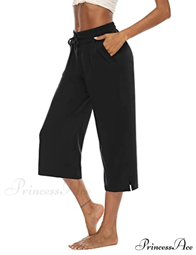 Wide Leg Crop Pants Comfy Drawstring Lounge Pajama Yoga Capris