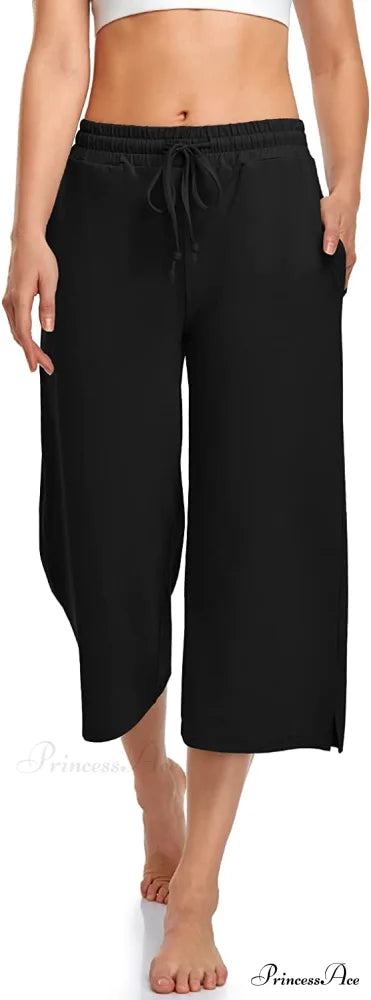 Wide Leg Drawstring Loose Lounge Pajama Capris Sweatpants Black / 3X-Large