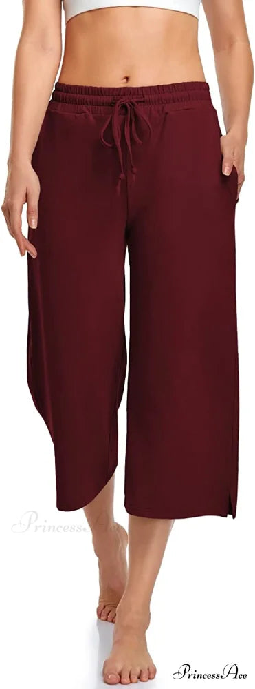 Wide Leg Drawstring Loose Lounge Pajama Capris Sweatpants Burgundy / Small