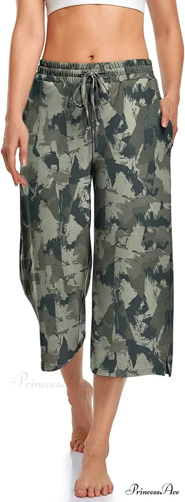 Wide Leg Drawstring Loose Lounge Pajama Capris Sweatpants Camouflage / Small