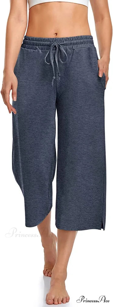 Wide Leg Drawstring Loose Lounge Pajama Capris Sweatpants Heather Navy / Small
