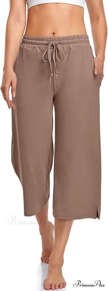 Wide Leg Drawstring Loose Lounge Pajama Capris Sweatpants Kahki / Small