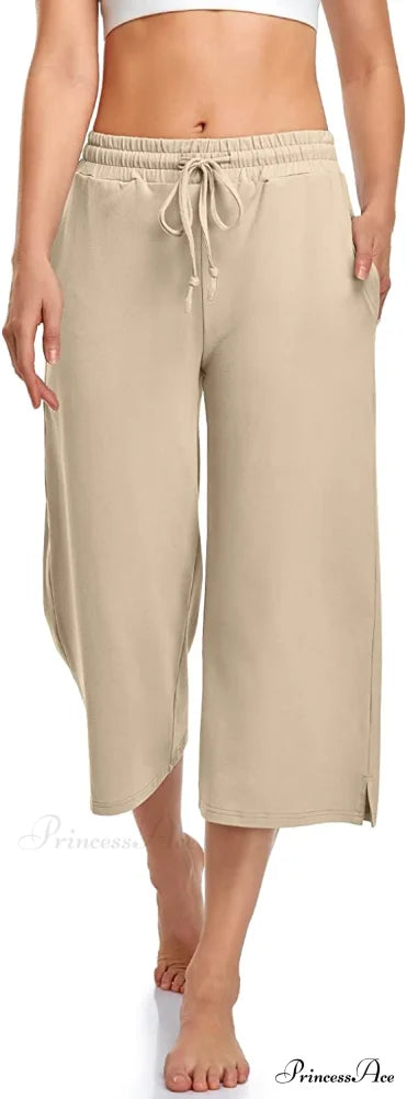 Wide Leg Drawstring Loose Lounge Pajama Capris Sweatpants Light Khaki / Small