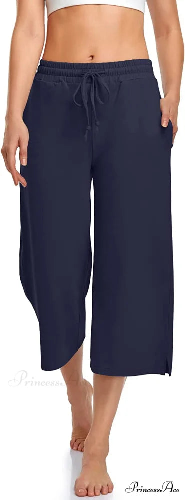 Wide Leg Drawstring Loose Lounge Pajama Capris Sweatpants Navy / Small