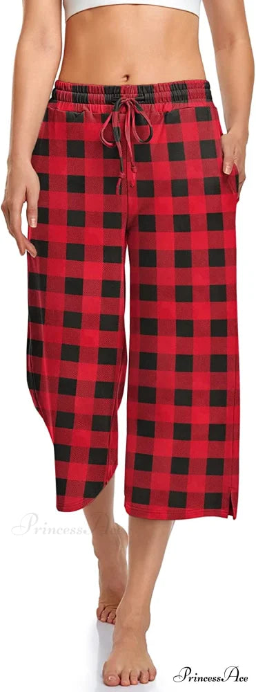 Wide Leg Drawstring Loose Lounge Pajama Capris Sweatpants Red Black Plaid / Large