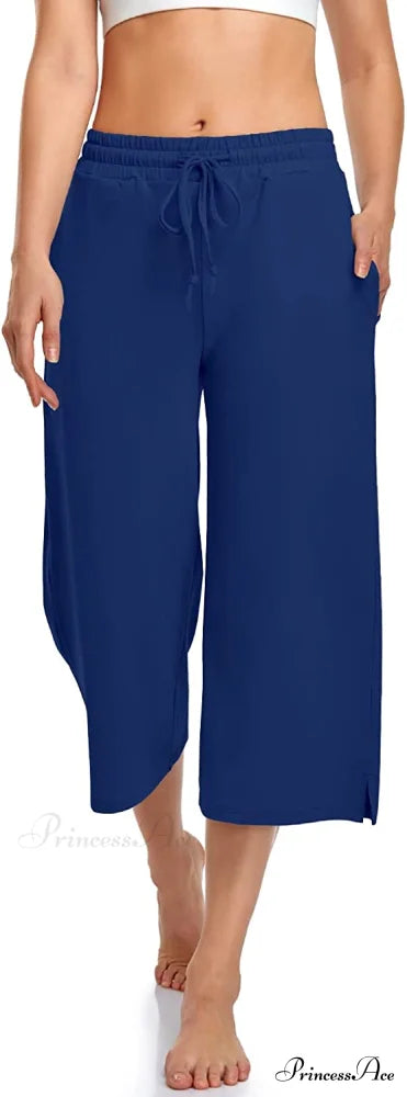 Wide Leg Drawstring Loose Lounge Pajama Capris Sweatpants Royal Blue / Small