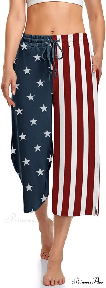 Wide Leg Drawstring Loose Lounge Pajama Capris Sweatpants Us Flag 1 / Small