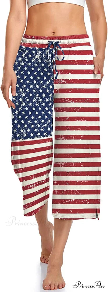 Wide Leg Drawstring Loose Lounge Pajama Capris Sweatpants Us Flag 2 / Small