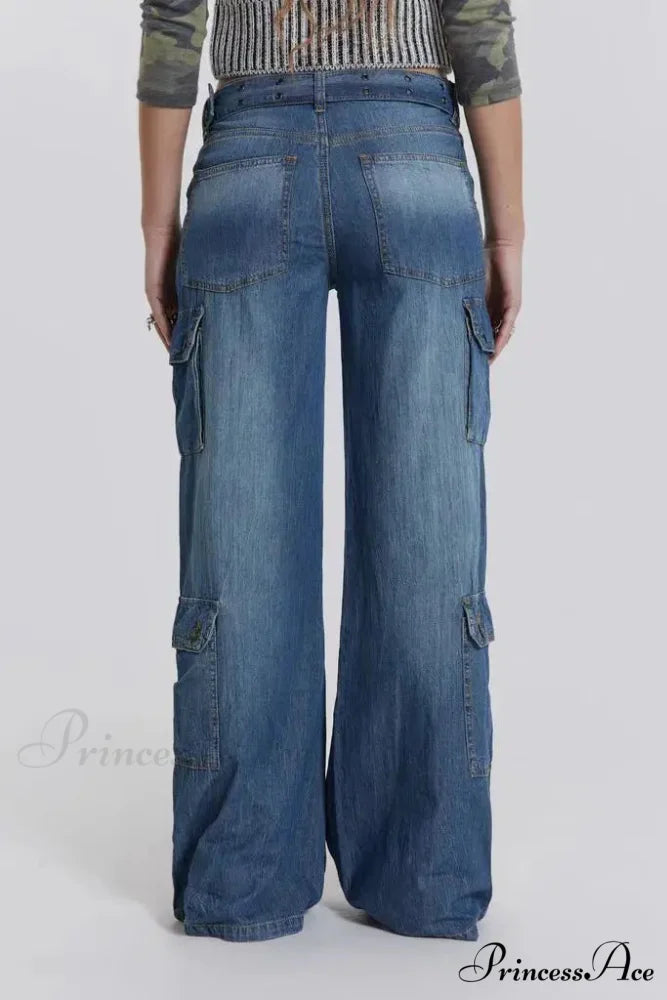 Wide Leg High Waist Patchwork Baggy Cargo Streetwear Y2k Vintage Denim Jean Stylish Loose High Waist Solid Color Casual