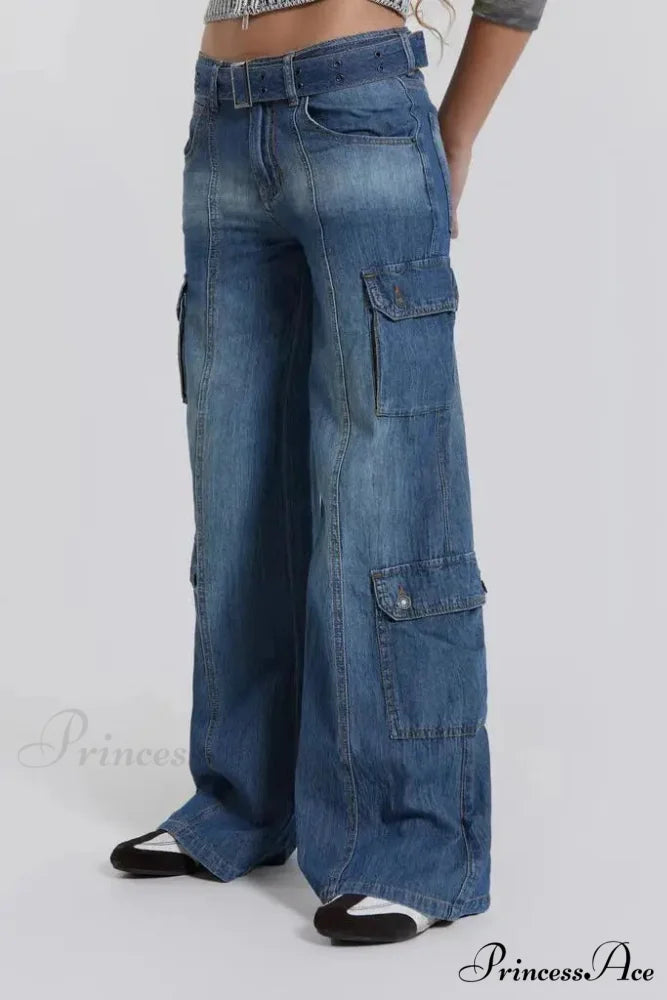Wide Leg High Waist Patchwork Baggy Cargo Streetwear Y2k Vintage Denim Jean Stylish Loose High Waist Solid Color Casual