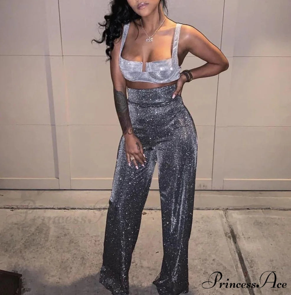 Wide Leg High Waist Vintage Bright Silk Casual Pants