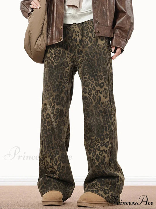 Wide Leg Leopard Print Women 2024 Y2K High Waisted Fashion Streetwear Retro Denim Baggy Casual Straight Jean