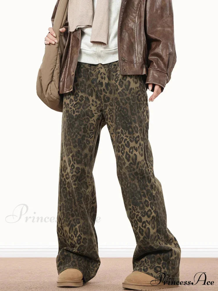 Wide Leg Leopard Print Women 2024 Y2K High Waisted Fashion Streetwear Retro Denim Baggy Casual Straight Jean