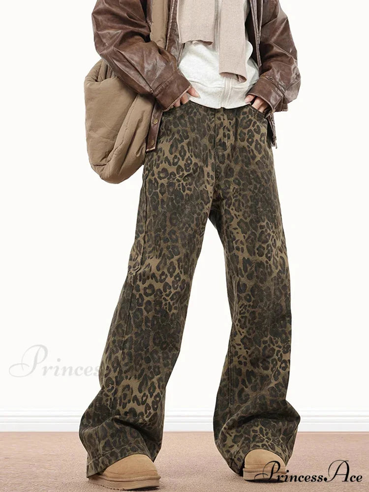 Wide Leg Leopard Print Women 2024 Y2K High Waisted Fashion Streetwear Retro Denim Baggy Casual Straight Jean